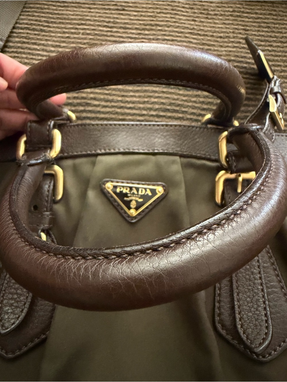 Vintage Dark Olive-Brown Prada Cervo-Trimmed Tessuto Handle Bag - Picture 8 of 15